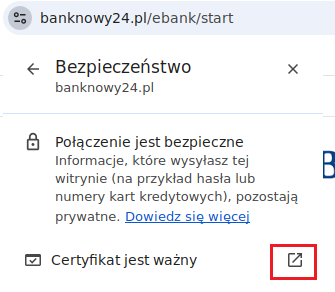Okno szczegółów połączenia z zaznaczonym przyciskiem 'Pokaż certyfikat'