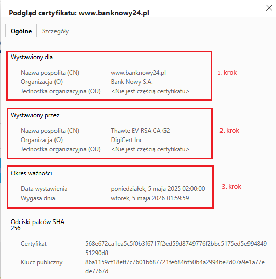 Okno szczegółów certyfikatów z zaczonymi sekcjami 'Wystawiony dla', 'Wystawiony przez' oraz 'Okres ważności'